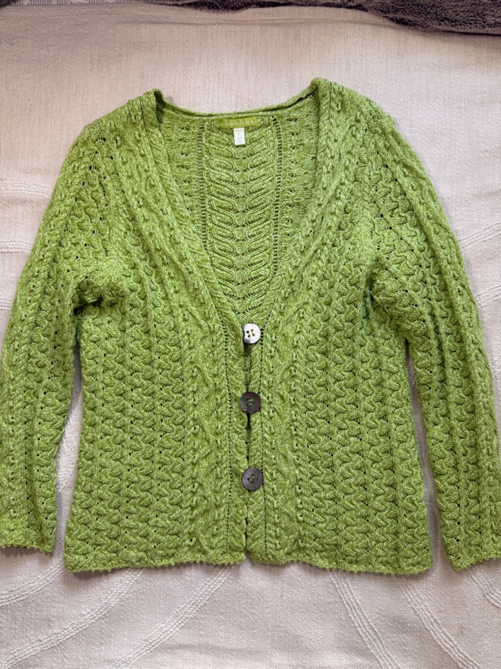 Sigrid Olsen Size Large Petite Vibrant Spring Green Knit Cardigan Chunky Buttons